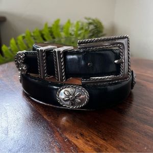 Vintage Barse Genuine Leather El Paso Black Belt Silver Flower/Heart Conchos